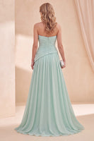 Load image into Gallery viewer, Mint Green Ruffled A Line Chiffon Strapless Long Beach Wedding Guest Dress