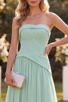 Load image into Gallery viewer, Mint Green Ruffled A Line Chiffon Strapless Long Beach Wedding Guest Dress
