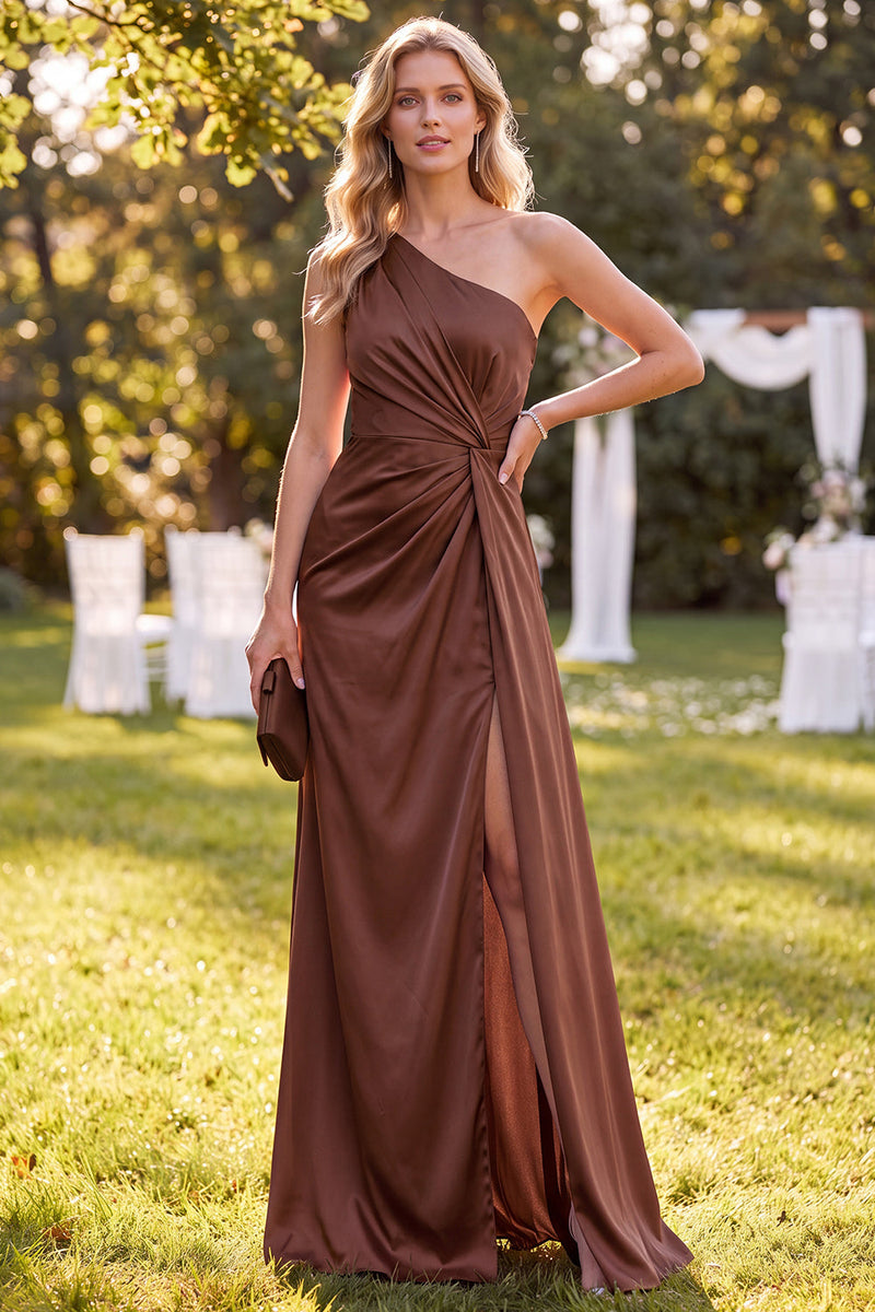 Load image into Gallery viewer, Chocolates Ruched One Shoulder Sheath Long Wedding Guest Dress with Side Cape