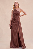 Load image into Gallery viewer, Chocolates Ruched One Shoulder Sheath Long Wedding Guest Dress with Side Cape