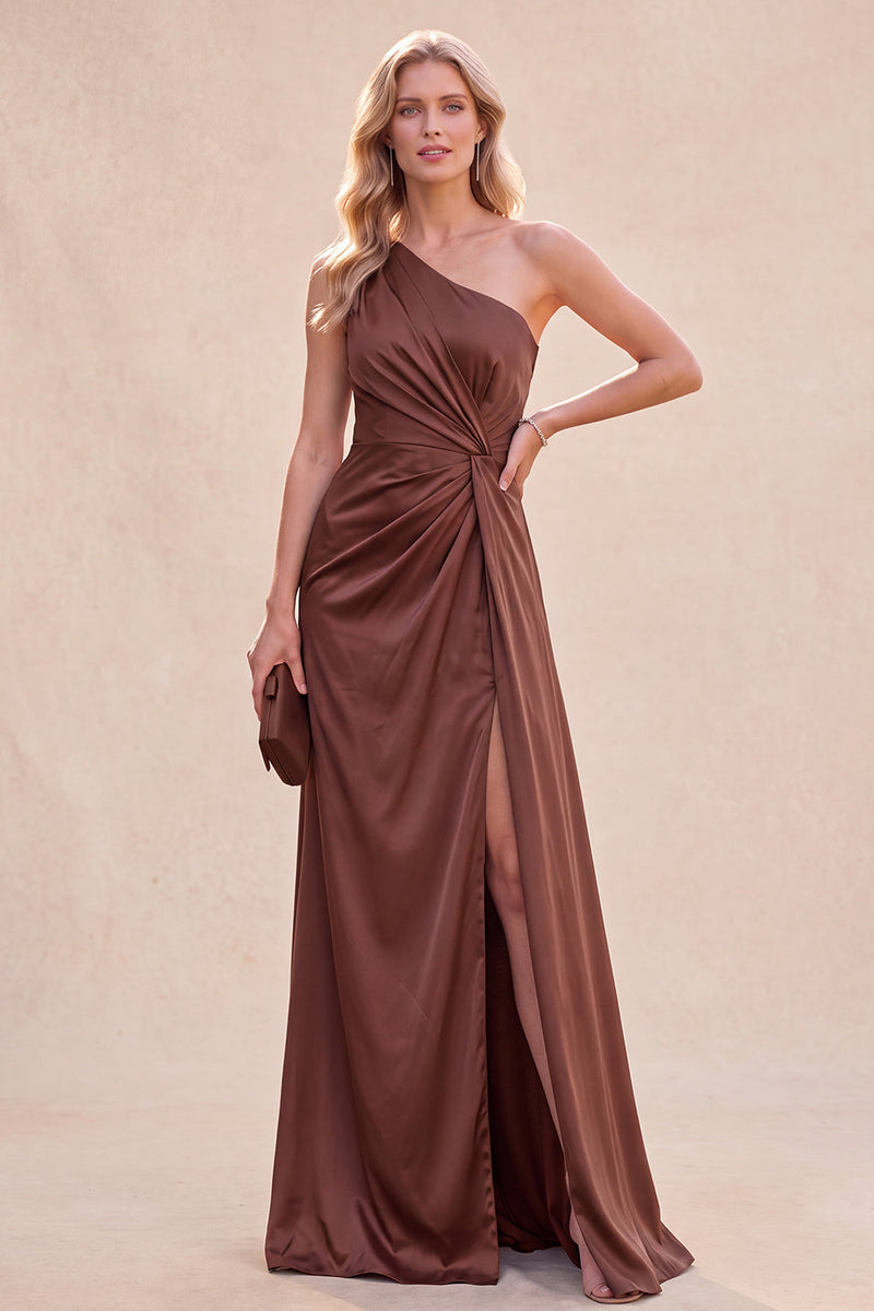 Load image into Gallery viewer, Chocolates Ruched One Shoulder Sheath Long Wedding Guest Dress with Side Cape