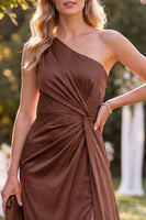 Load image into Gallery viewer, Chocolates Ruched One Shoulder Sheath Long Wedding Guest Dress with Side Cape