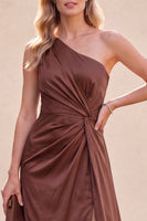 Load image into Gallery viewer, Chocolates Ruched One Shoulder Sheath Long Wedding Guest Dress with Side Cape