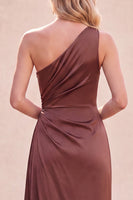 Load image into Gallery viewer, Chocolates Ruched One Shoulder Sheath Long Wedding Guest Dress with Side Cape