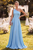 Load image into Gallery viewer, Simple Sky Blue A Line Satin One Shoulder Long Wedding Guest Dress