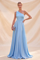Load image into Gallery viewer, Simple Sky Blue A Line Satin One Shoulder Long Wedding Guest Dress