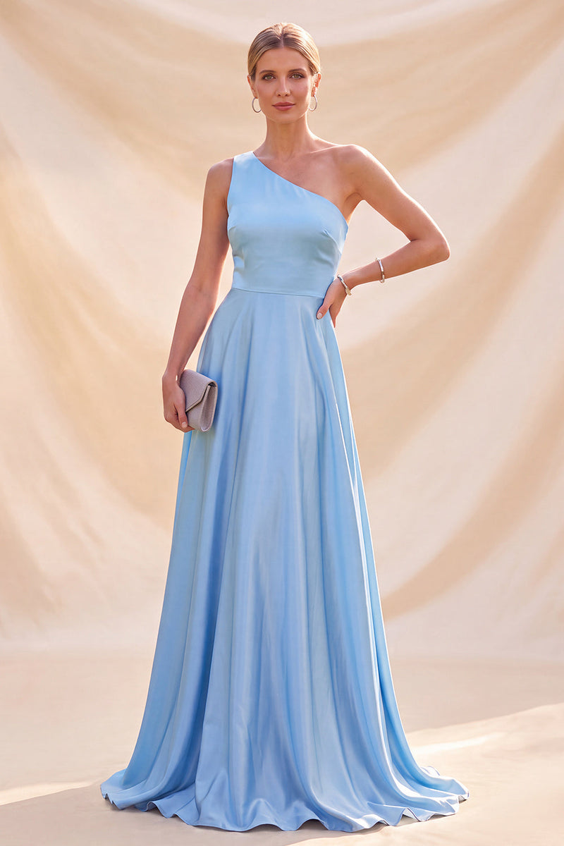 Load image into Gallery viewer, Simple Sky Blue A Line Satin One Shoulder Long Wedding Guest Dress