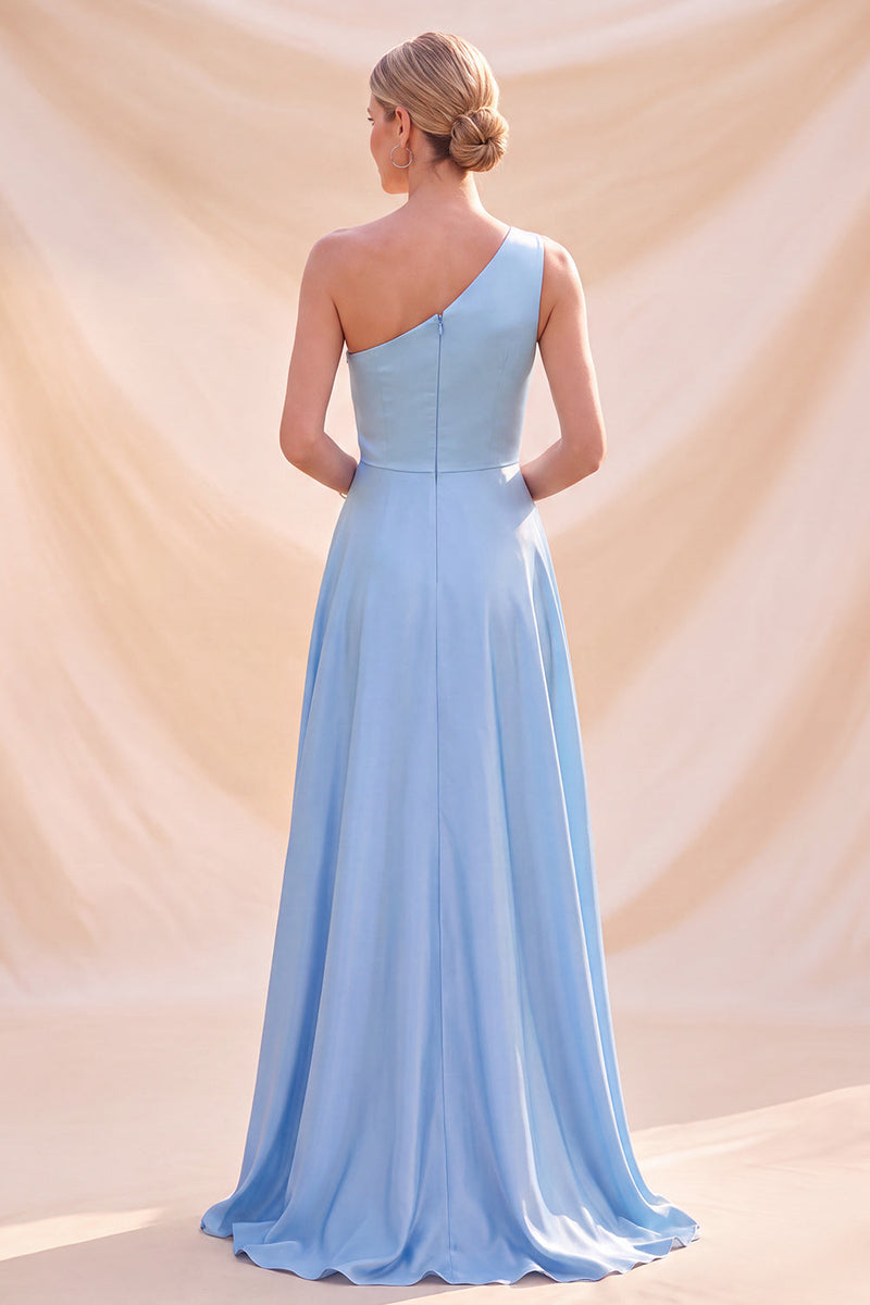Load image into Gallery viewer, Simple Sky Blue A Line Satin One Shoulder Long Wedding Guest Dress