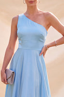 Load image into Gallery viewer, Simple Sky Blue A Line Satin One Shoulder Long Wedding Guest Dress