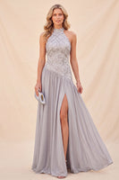Load image into Gallery viewer, Sparkly Light Grey Chiffon Halter Beach Long Wedding Guest Dress with Slit