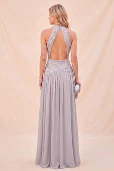 Sparkly Light Grey Chiffon Halter Beach Long Wedding Guest Dress with Slit
