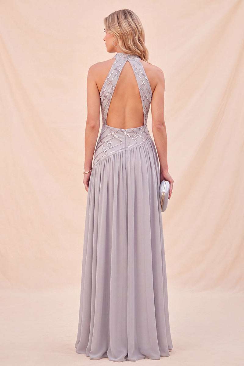 Load image into Gallery viewer, Sparkly Light Grey Chiffon Halter Beach Long Wedding Guest Dress with Slit