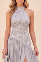 Load image into Gallery viewer, Sparkly Light Grey Chiffon Halter Beach Long Wedding Guest Dress with Slit