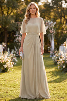 Load image into Gallery viewer, Taupe A Line Half Sleeves Chiffon Long Wedding Guest Dress with Belt