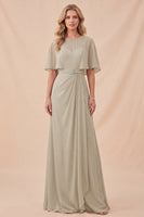 Load image into Gallery viewer, Taupe A Line Half Sleeves Chiffon Long Wedding Guest Dress with Belt