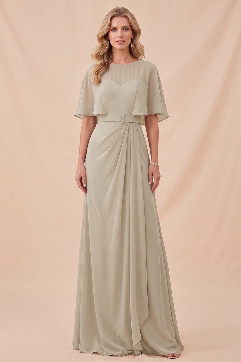 Load image into Gallery viewer, Taupe A Line Half Sleeves Chiffon Long Wedding Guest Dress with Belt