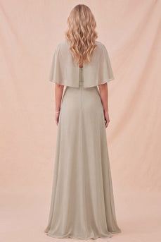 Taupe A Line Half Sleeves Chiffon Long Wedding Guest Dress with Belt