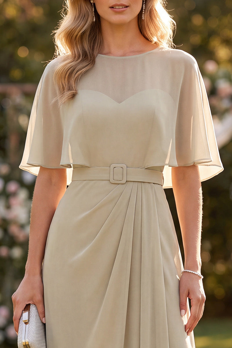 Load image into Gallery viewer, Taupe A Line Half Sleeves Chiffon Long Wedding Guest Dress with Belt