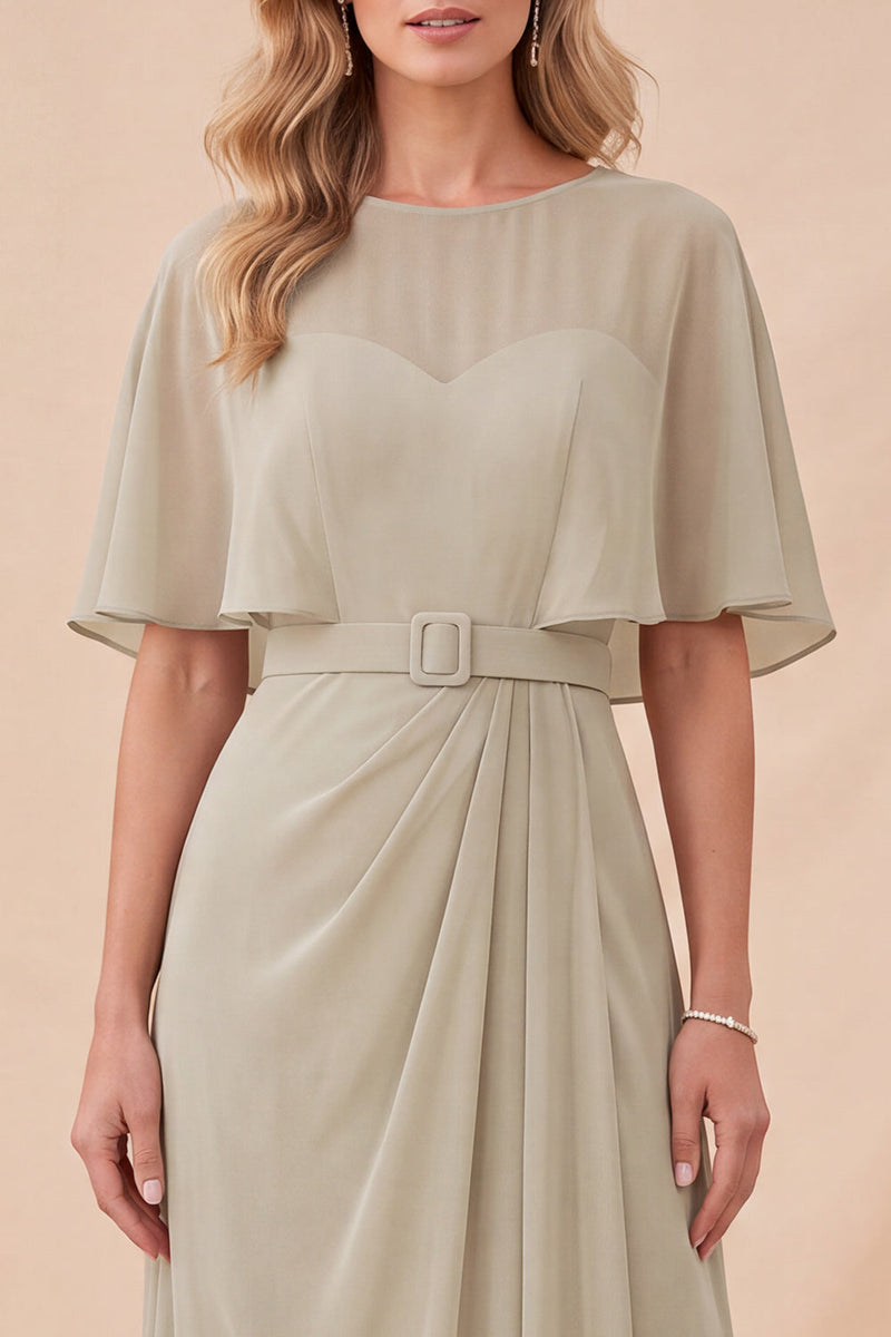 Load image into Gallery viewer, Taupe A Line Half Sleeves Chiffon Long Wedding Guest Dress with Belt