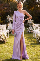 Load image into Gallery viewer, Light Purple Ruched Mermaid Satin Long Sleeves Wedding Guest Dress with Slit