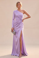 Load image into Gallery viewer, Light Purple Ruched Mermaid Satin Long Sleeves Wedding Guest Dress with Slit