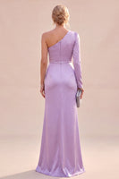 Load image into Gallery viewer, Light Purple Ruched Mermaid Satin Long Sleeves Wedding Guest Dress with Slit
