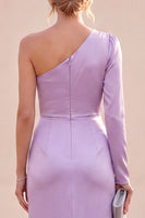Load image into Gallery viewer, Light Purple Ruched Mermaid Satin Long Sleeves Wedding Guest Dress with Slit