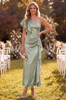 Load image into Gallery viewer, White Ruffled Beaded One Shoulder Maxi Wedding Guest Dress with Sleeves