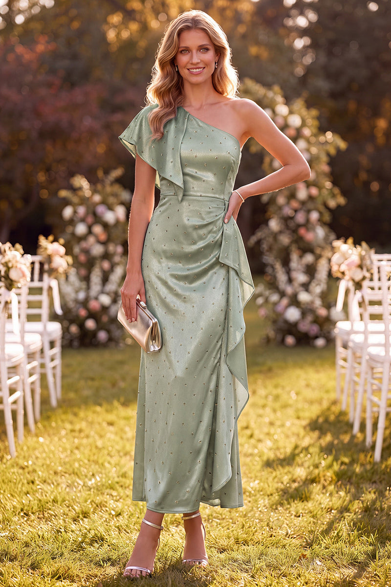 Load image into Gallery viewer, White Ruffled Beaded One Shoulder Maxi Wedding Guest Dress with Sleeves