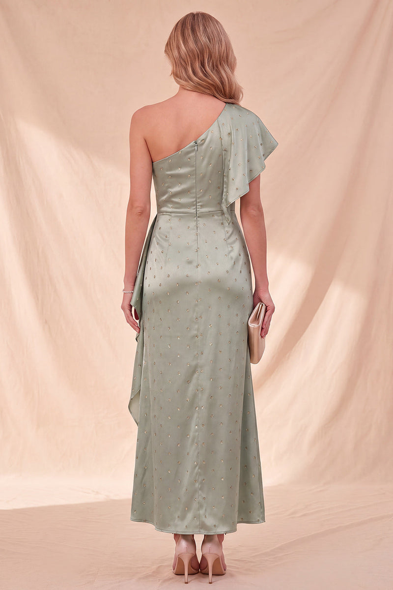 Load image into Gallery viewer, White Ruffled Beaded One Shoulder Maxi Wedding Guest Dress with Sleeves
