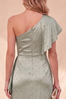 Load image into Gallery viewer, White Ruffled Beaded One Shoulder Maxi Wedding Guest Dress with Sleeves