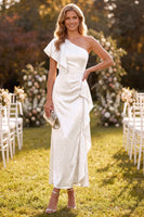 Load image into Gallery viewer, White Ruffled Beaded One Shoulder Maxi Wedding Guest Dress with Sleeves