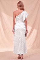 Load image into Gallery viewer, White Ruffled Beaded One Shoulder Maxi Wedding Guest Dress with Sleeves