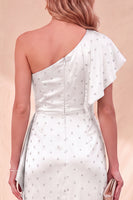 Load image into Gallery viewer, White Ruffled Beaded One Shoulder Maxi Wedding Guest Dress with Sleeves