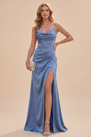 Load image into Gallery viewer, Slate Blue Ruched Satin Mermaid Long Wedding Guest Dress with Slit