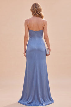 Slate Blue Ruched Satin Mermaid Long Wedding Guest Dress with Slit