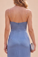 Load image into Gallery viewer, Slate Blue Ruched Satin Mermaid Long Wedding Guest Dress with Slit