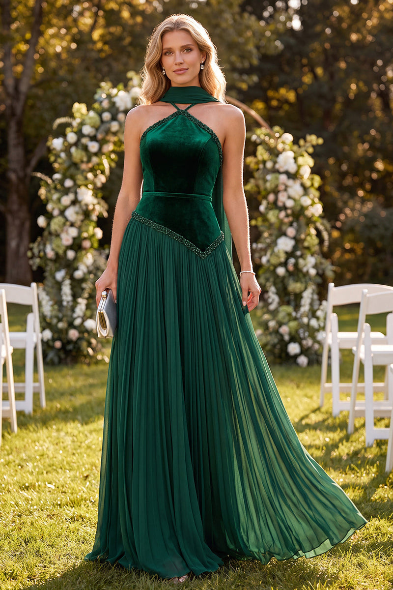 Load image into Gallery viewer, Dark Green A Line Velvet Neck ScarfPleated Long Beach Wedding Guest Dress