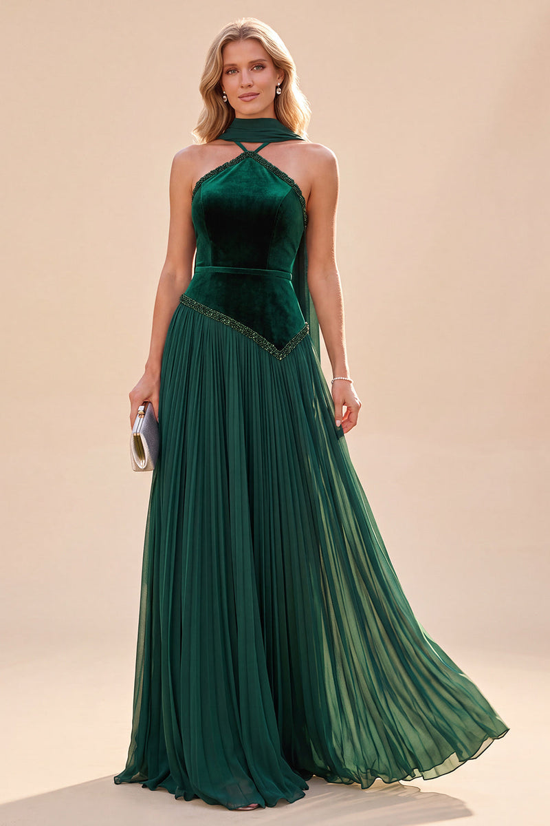 Load image into Gallery viewer, Dark Green A Line Velvet Neck ScarfPleated Long Beach Wedding Guest Dress