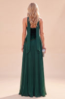 Load image into Gallery viewer, Dark Green A Line Velvet Neck ScarfPleated Long Beach Wedding Guest Dress
