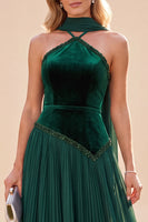 Load image into Gallery viewer, Dark Green A Line Velvet Neck ScarfPleated Long Beach Wedding Guest Dress