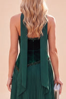 Load image into Gallery viewer, Dark Green A Line Velvet Neck ScarfPleated Long Beach Wedding Guest Dress