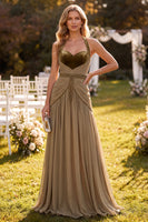 Load image into Gallery viewer, Khaki Halter A Line Beaded Ruched Beach Long Wedding Guest Dress