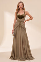 Load image into Gallery viewer, Khaki Halter A Line Beaded Ruched Beach Long Wedding Guest Dress