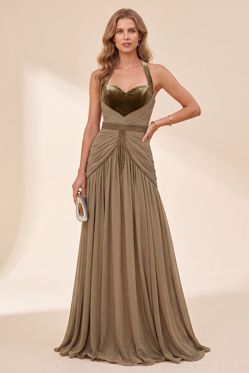 Load image into Gallery viewer, Khaki Halter A Line Beaded Ruched Beach Long Wedding Guest Dress