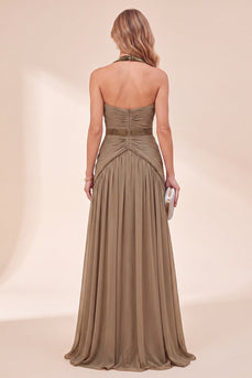 Khaki Halter A Line Beaded Ruched Beach Long Wedding Guest Dress