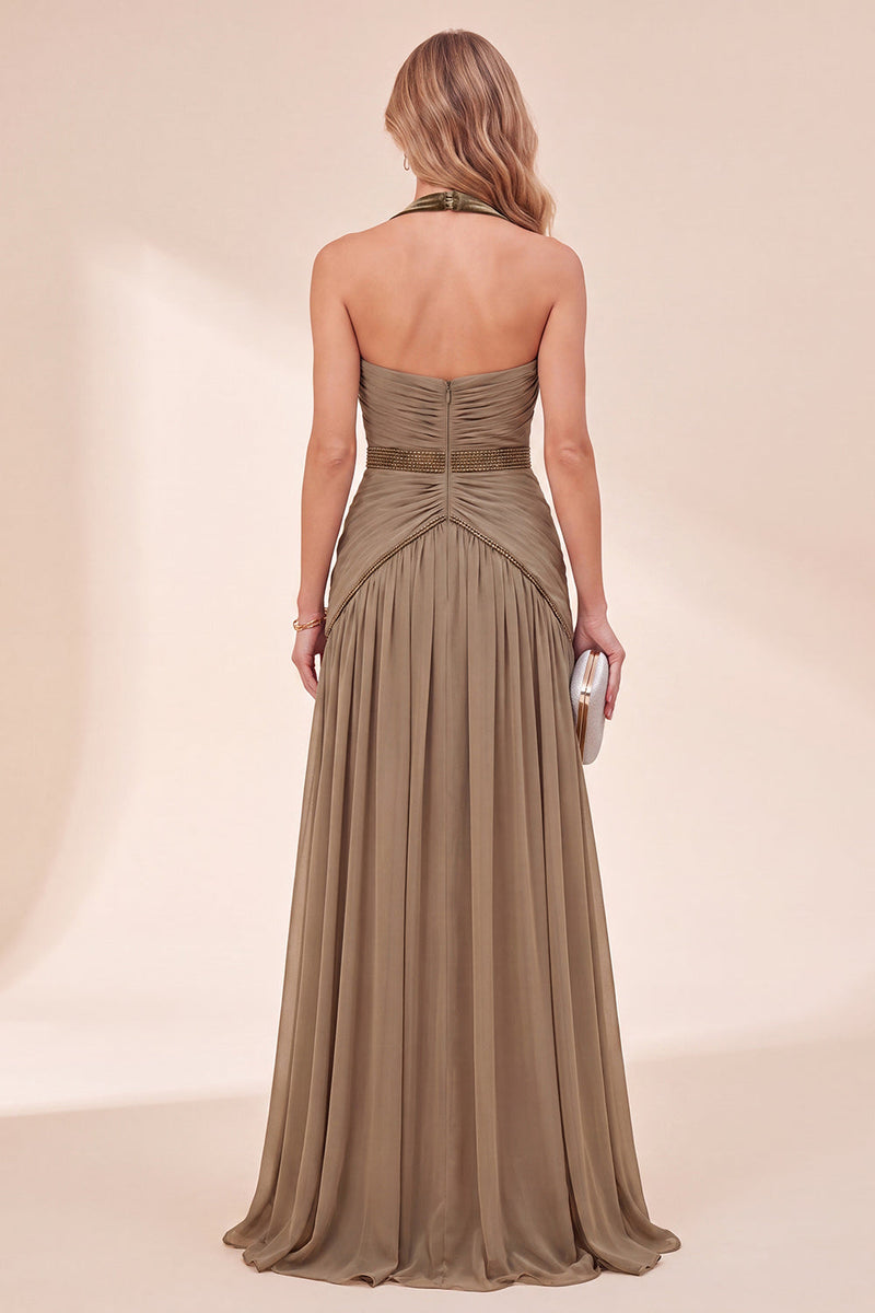 Load image into Gallery viewer, Khaki Halter A Line Beaded Ruched Beach Long Wedding Guest Dress