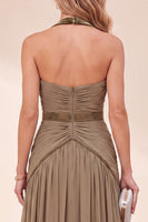 Load image into Gallery viewer, Khaki Halter A Line Beaded Ruched Beach Long Wedding Guest Dress