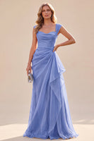 Load image into Gallery viewer, Blue A Line Cap Sleeves Ruffled Long Wedding Guest Dress with Side Cape