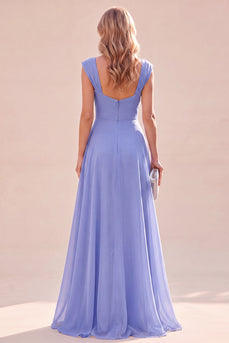 Blue A Line Cap Sleeves Ruffled Long Wedding Guest Dress with Side Cape